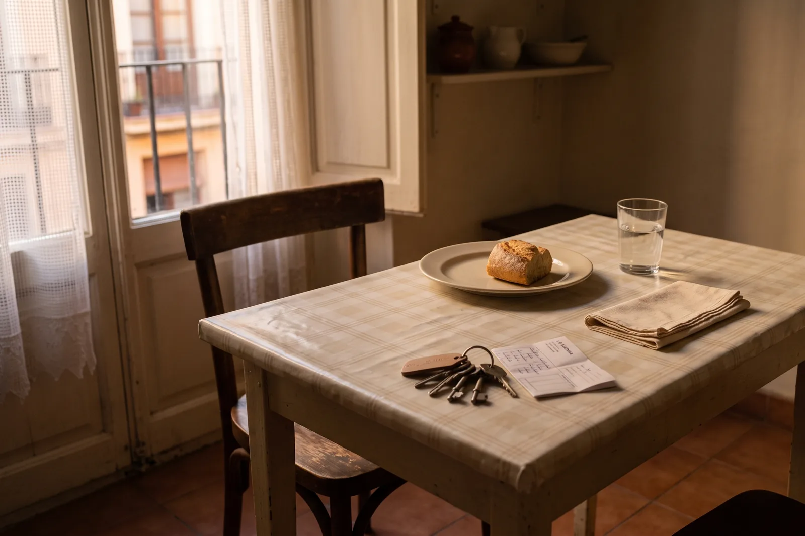 Una mesa de cocina de un piso de barrio, puesta para cenar una sola persona: un plato con pan, un vaso de agua, una servilleta doblada y, al borde, unas llaves de trabajo junto a una nómina.