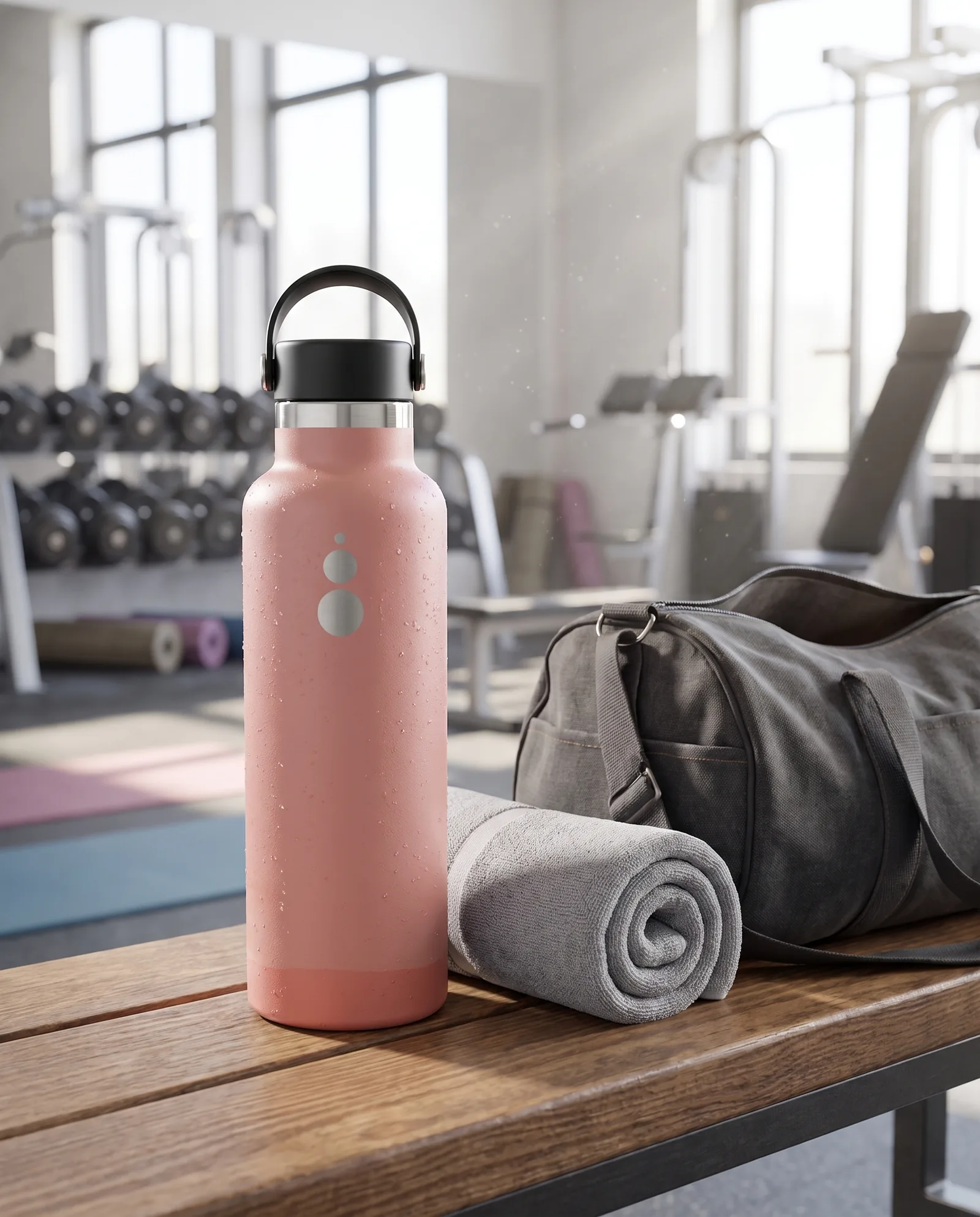 Botella WaterGo en acabado Pink sobre un banco de gimnasio, junto a una toalla enrollada y una bolsa de deporte.