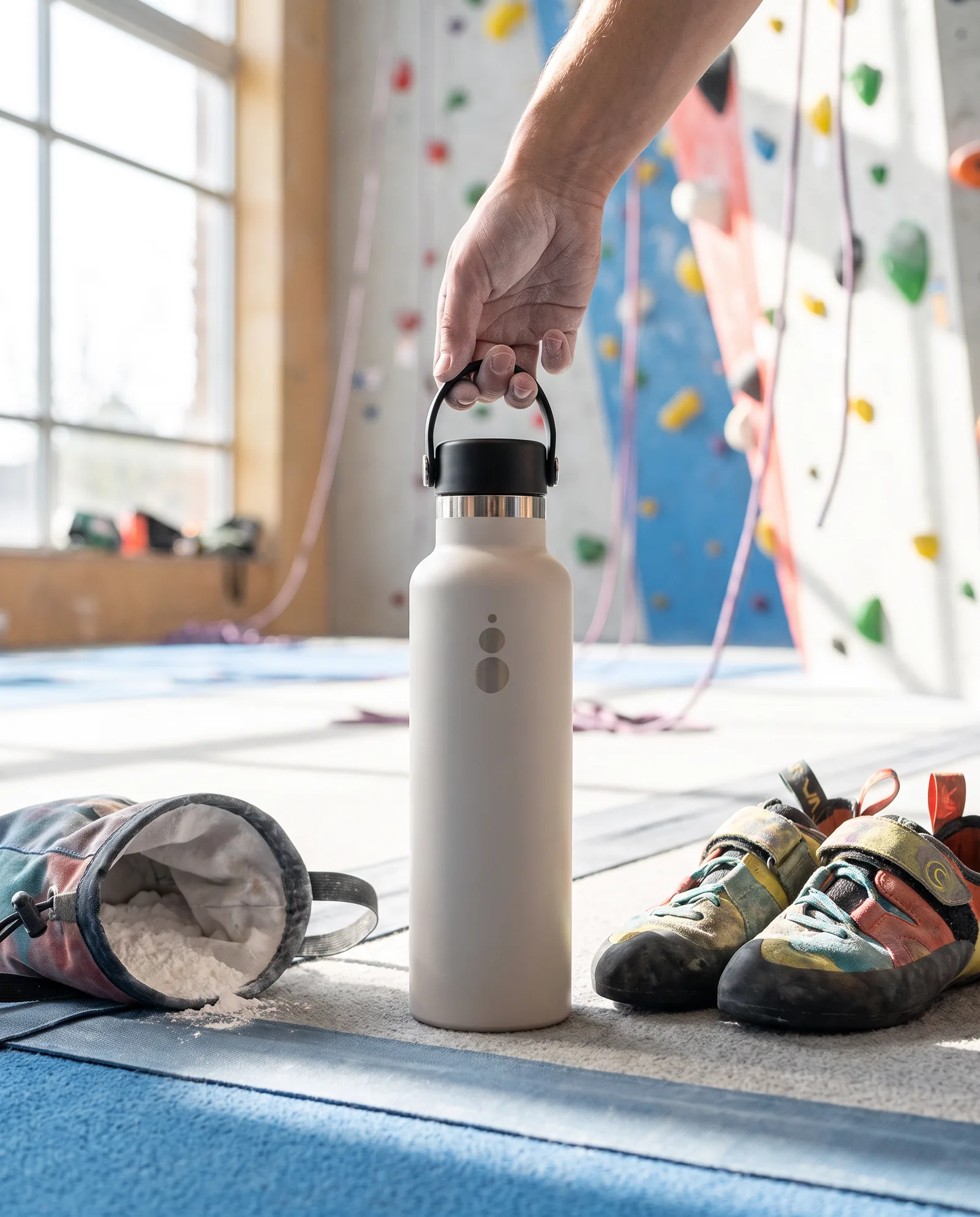 Botella WaterGo en acabado Nude en un rocódromo, junto a unos pies de gato y una bolsa de magnesio.