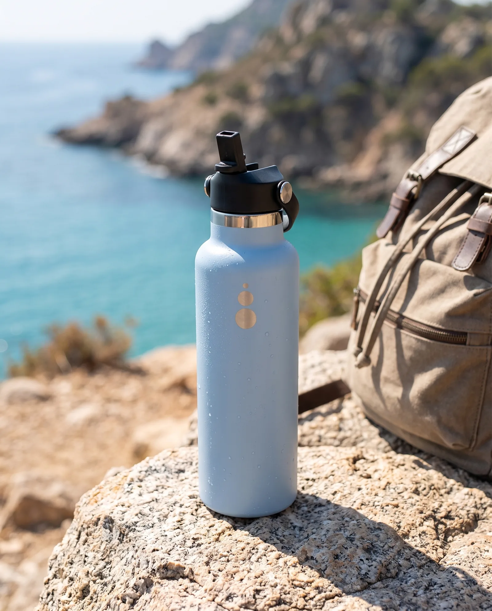 Botella WaterGo en acabado Blue apoyada en una roca frente al mar, junto a una mochila de senderismo.