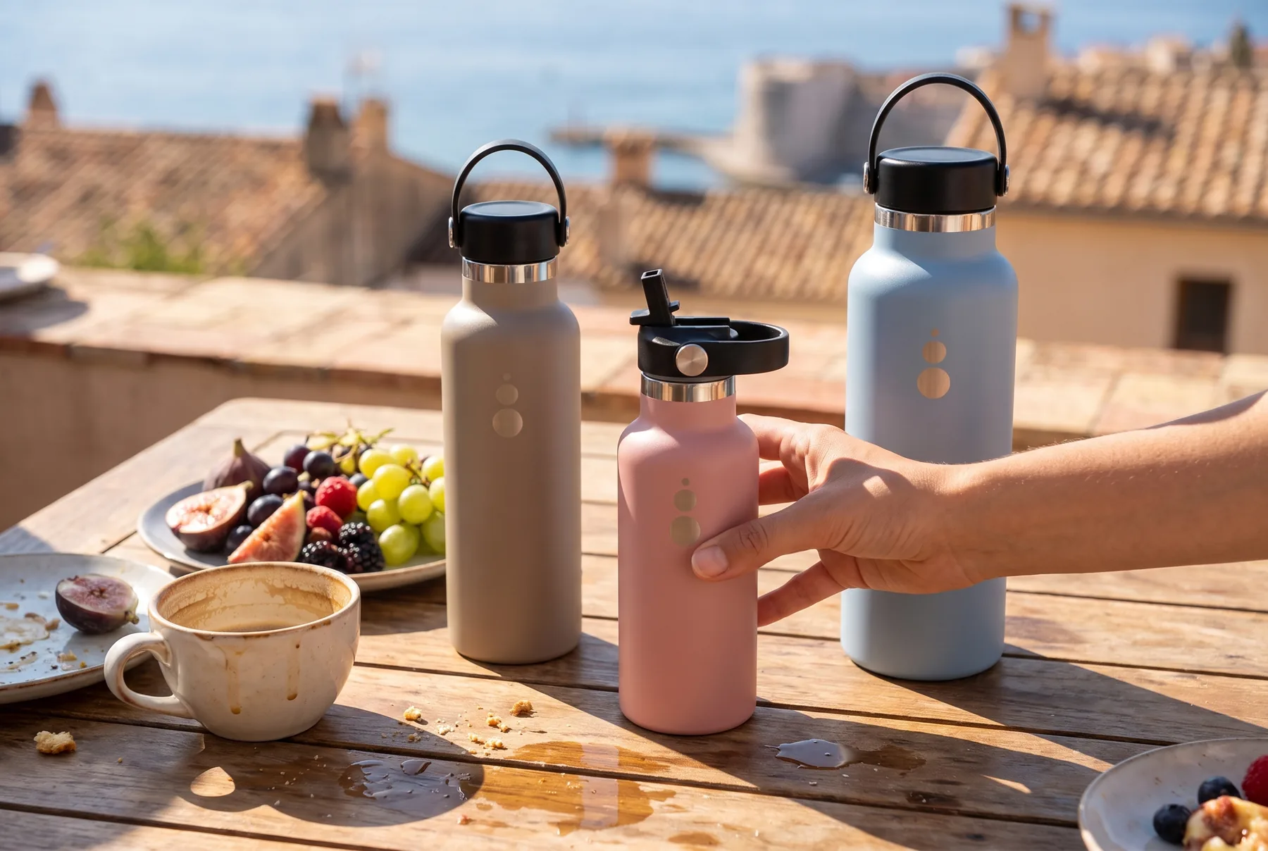 Las tres botellas WaterGo sobre una mesa de desayuno en una terraza, con fruta y una taza de caf&eacute;.